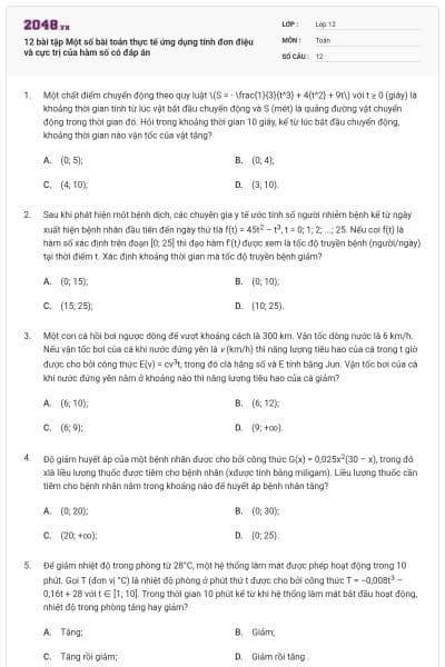 12 bài tập Một số bài toán thực tế ứng dụng tính đơn điệu và cực trị của hàm số có đáp án
