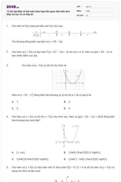 12 bài tập Một số bài toán hàm hợp liên quan đến tính đơn điệu và cực trị có đáp án