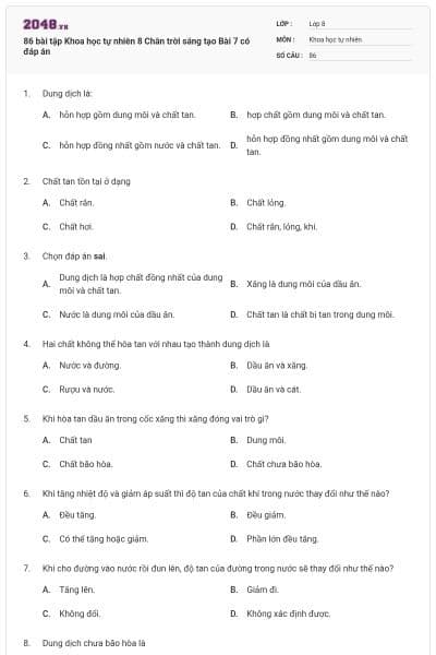 86 bài tập Khoa học tự nhiên 8 Chân trời sáng tạo Bài 7 có đáp án