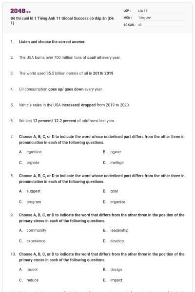 Đề thi cuối kì 1 Tiếng Anh 11 Global Success có đáp án (Đề 1)