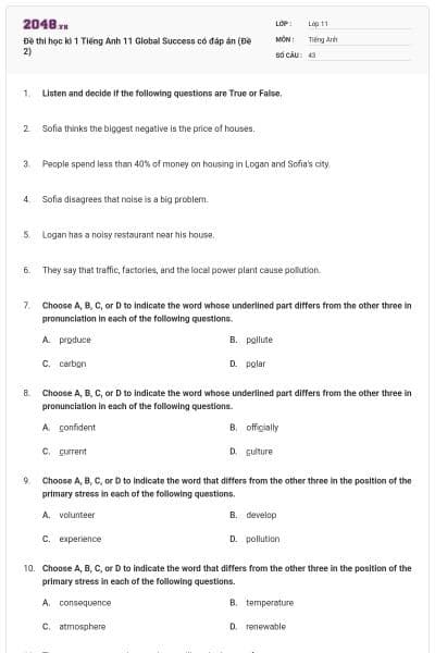 Đề thi học kì 1 Tiếng Anh 11 Global Success có đáp án (Đề 2)
