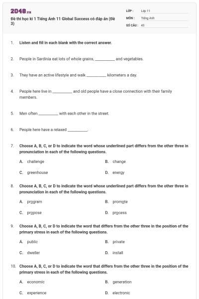 Đề thi học kì 1 Tiếng Anh 11 Global Success có đáp án (Đề 3)