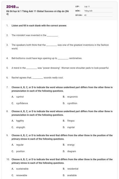 Đề thi học kì 1 Tiếng Anh 11 Global Success có đáp án (Đề 4)