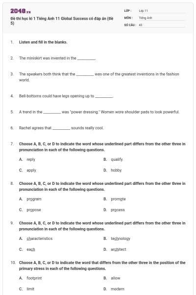 Đề thi học kì 1 Tiếng Anh 11 Global Success có đáp án (Đề 5)