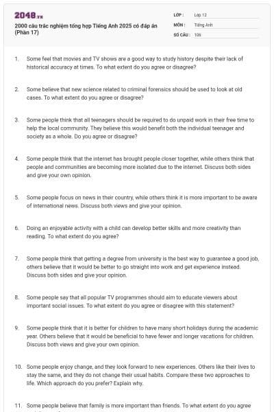 2000 câu trắc nghiệm tổng hợp Tiếng Anh 2025 có đáp án (Phần 17)