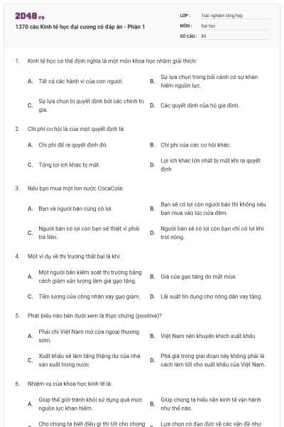 1370 câu Kinh tế học đại cương có đáp án - Phần 1