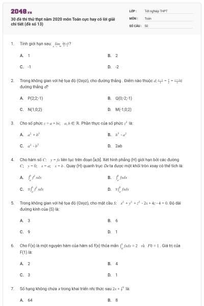 30 đề thi thử thpt năm 2020 môn Toán cực hay có lời giải chi tiết (đề số 13)