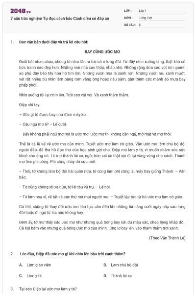 7 câu trắc nghiệm Tự đọc sách báo Cánh diều có đáp án