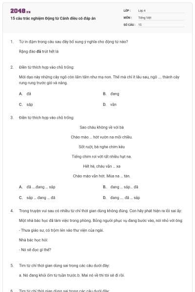 15 câu trắc nghiệm Động từ Cánh diều có đáp án