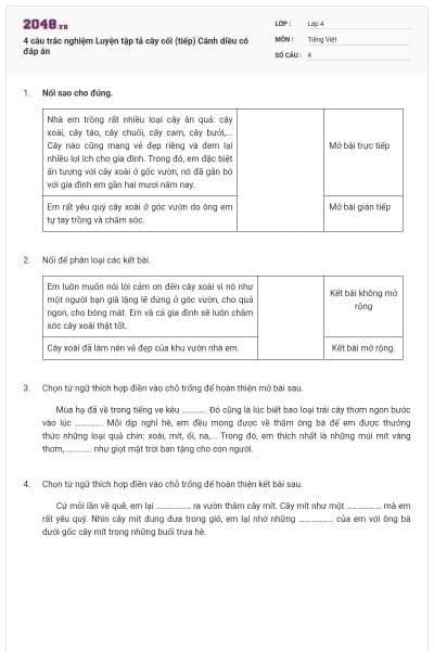 4 câu trắc nghiệm Luyện tập tả cây cối (tiếp) Cánh diều có đáp án