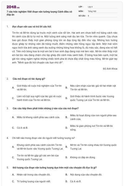 7 câu trắc nghiệm Viết đoạn văn tưởng tượng Cánh diều có đáp án