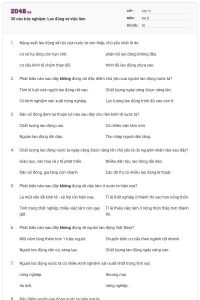 30 câu trắc nghiệm: Lao động và việc làm