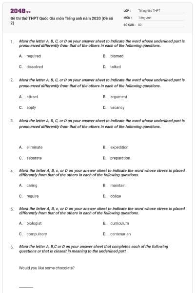 Đề thi thử THPT Quốc Gia môn Tiếng anh năm 2020 (Đề số 2)