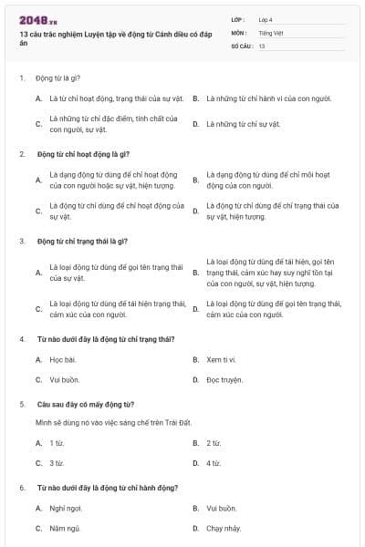 13 câu trắc nghiệm Luyện tập về động từ Cánh diều có đáp án