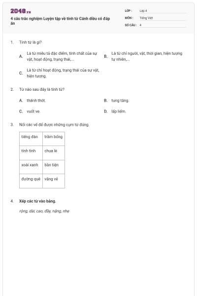 4 câu trắc nghiệm Luyện tập về tính từ Cánh diều có đáp án