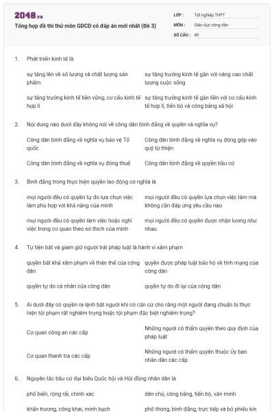 Tổng hợp đề thi thử môn GDCD có đáp án mới nhất (Đề 3)