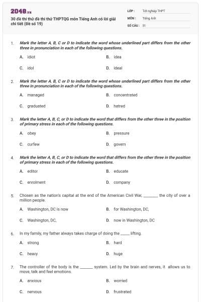 30 đề thi thử đề thi thử THPTQG môn Tiếng Anh có lời giải chi tiết (Đề số 19)