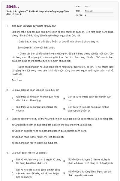 3 câu trắc nghiệm Trả bài viết đoạn văn tưởng tượng Cánh diều có đáp án