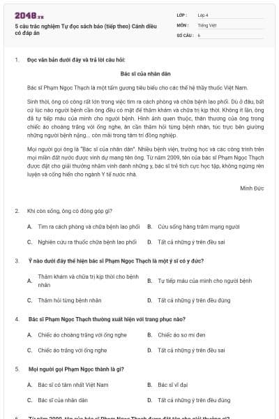 5 câu trắc nghiệm Tự đọc sách báo (tiếp theo) Cánh diều có đáp án