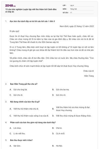 15 câu trắc nghiệm Luyện tập viết thư thăm hỏi Cánh diều có đáp án