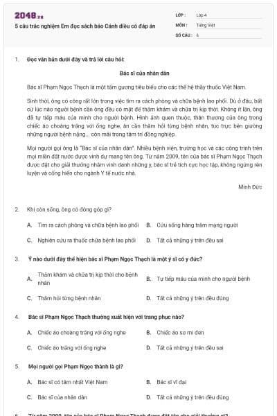 5 câu trắc nghiệm Em đọc sách báo Cánh diều có đáp án