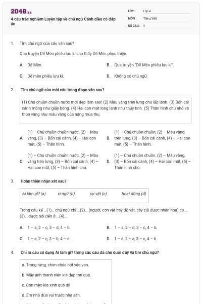 4 câu trắc nghiệm Luyện tập về chủ ngữ Cánh diều có đáp án