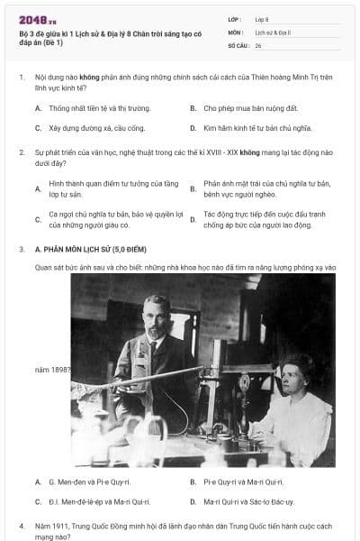 Bộ 3 đề giữa kì 1 Lịch sử & Địa lý 8 Chân trời sáng tạo có đáp án (Đề 1)