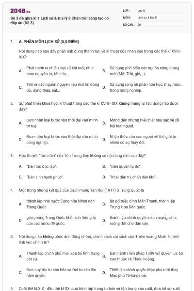 Bộ 3 đề giữa kì 1 Lịch sử & Địa lý 8 Chân trời sáng tạo có đáp án (Đề 3)