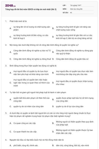 Tổng hợp đề thi thử môn GDCD có đáp án mới nhất (Đề 3)
