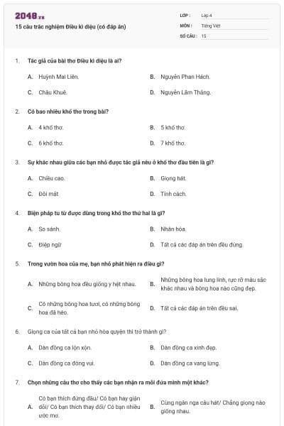 15 câu trắc nghiệm Điều kì diệu (có đáp án)