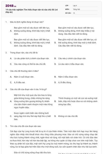 14 câu trắc nghiệm Tìm hiểu đoạn văn và câu chủ đề (có đáp án)