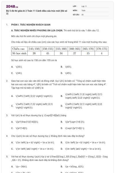 Bộ 5 đề thi giữa kì 2 Toán 11 Cánh diều cấu trúc mới (Đề số 3)