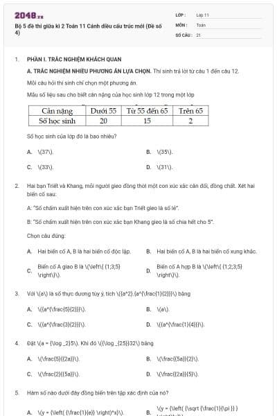 Bộ 5 đề thi giữa kì 2 Toán 11 Cánh diều cấu trúc mới (Đề số 4)