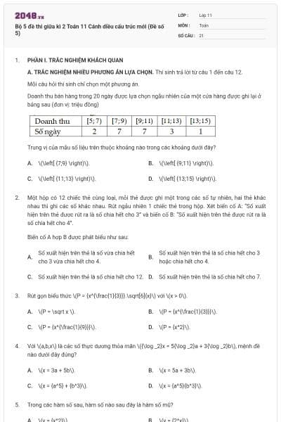 Bộ 5 đề thi giữa kì 2 Toán 11 Cánh diều cấu trúc mới (Đề số 5)