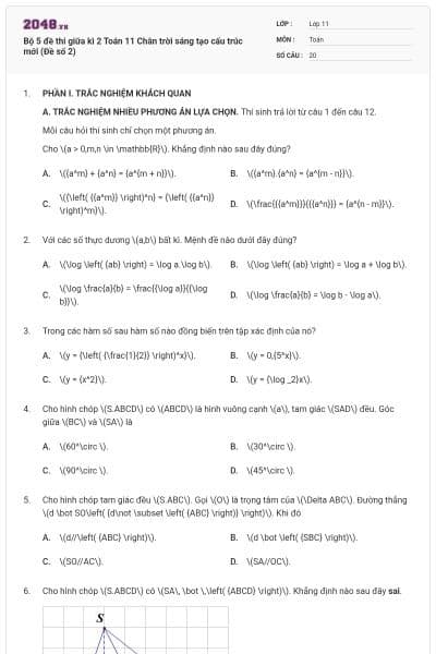 Bộ 5 đề thi giữa kì 2 Toán 11 Chân trời sáng tạo cấu trúc mới (Đề số 2)