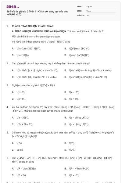 Bộ 5 đề thi giữa kì 2 Toán 11 Chân trời sáng tạo cấu trúc mới (Đề số 3)