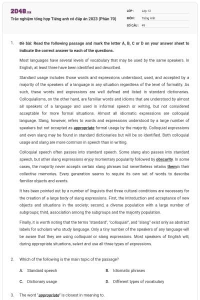 Trắc nghiệm tổng hợp Tiếng anh có đáp án 2023 (Phần 70)