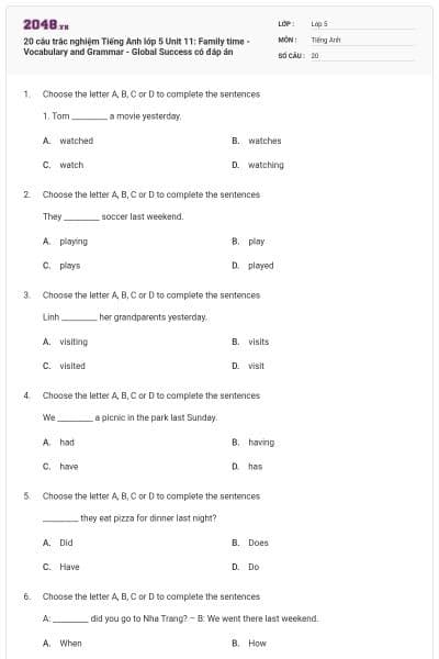 20 câu trắc nghiệm Tiếng Anh lớp 5 Unit 11: Family time - Vocabulary and Grammar - Global Success có đáp án