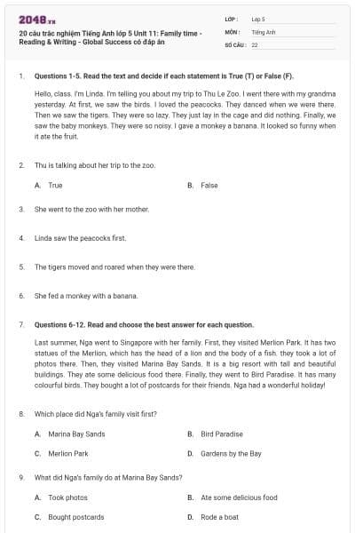 20 câu trắc nghiệm Tiếng Anh lớp 5 Unit 11: Family time - Reading & Writing - Global Success có đáp án