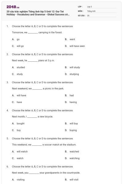20 câu trắc nghiệm Tiếng Anh lớp 5 Unit 12: Our Tet Holiday - Vocabulary and Grammar - Global Success có đáp án