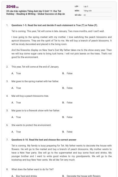 20 câu trắc nghiệm Tiếng Anh lớp 5 Unit 11: Our Tet Holiday - Reading & Writing - Global Success có đáp án