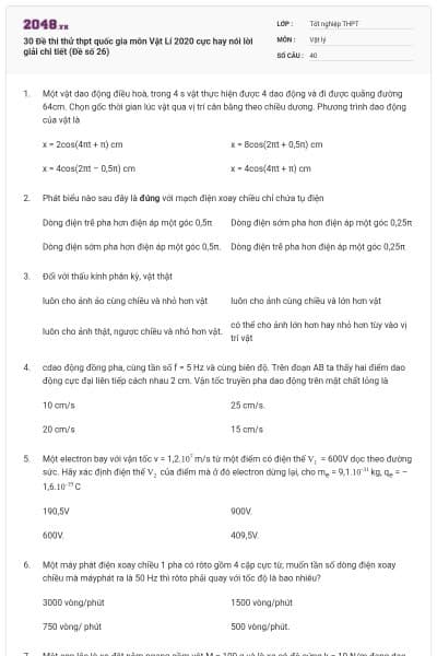 30 Đề thi thử thpt quốc gia môn Vật Lí 2020 cực hay nói lời giải chi tiết (Đề số 26)