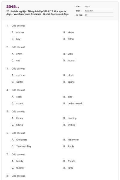20 câu trắc nghiệm Tiếng Anh lớp 5 Unit 13: Our special days - Vocabulary and Grammar - Global Success có đáp án