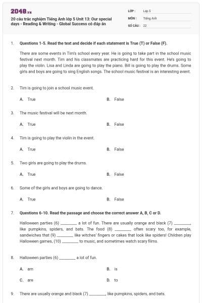 20 câu trắc nghiệm Tiếng Anh lớp 5 Unit 13: Our special days - Reading & Writing - Global Success có đáp án