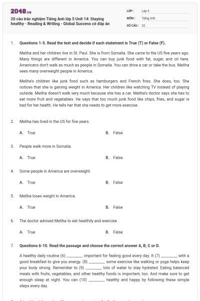 20 câu trắc nghiệm Tiếng Anh lớp 5 Unit 14: Staying healthy - Reading & Writing - Global Success có đáp án