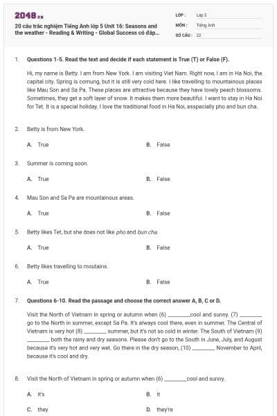 20 câu trắc nghiệm Tiếng Anh lớp 5 Unit 16: Seasons and the weather - Reading & Writing - Global Success có đáp án