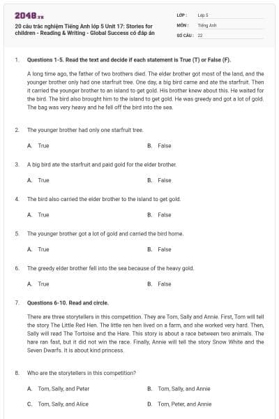 20 câu trắc nghiệm Tiếng Anh lớp 5 Unit 17: Stories for children - Reading & Writing - Global Success có đáp án