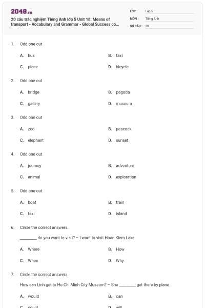 20 câu trắc nghiệm Tiếng Anh lớp 5 Unit 18: Means of transport - Vocabulary and Grammar - Global Success có đáp án