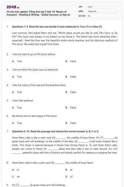 20 câu trắc nghiệm Tiếng Anh lớp 5 Unit 18: Means of transport - Reading & Writing - Global Success có đáp án