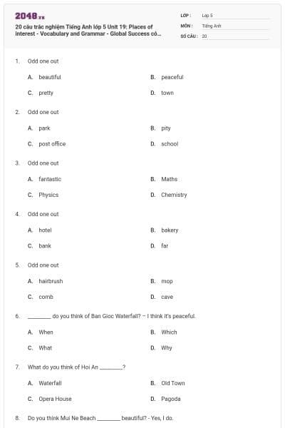 20 câu trắc nghiệm Tiếng Anh lớp 5 Unit 19: Places of interest - Vocabulary and Grammar - Global Success có đáp án